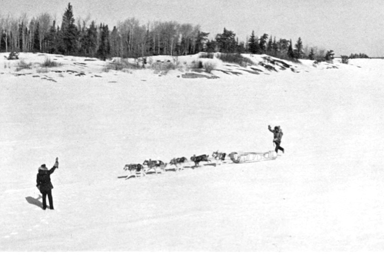 A black and white photo from far away of a man on a sled being pulled by sled dogs waving to a man standing to the side in the snow.