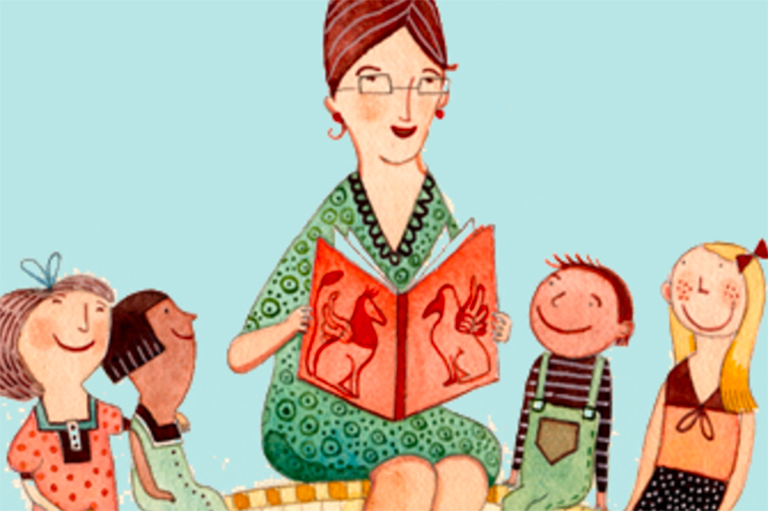 This is a cartoon image of a teacher reading a book to children. 
