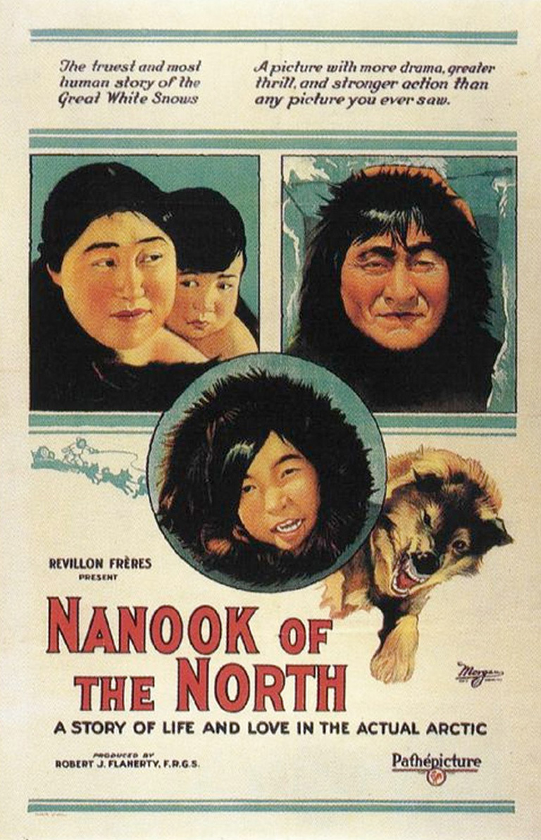 This image shows a movie poster with images of a young innuk and a dog with the words "Nanook of the North" in red block letters. 