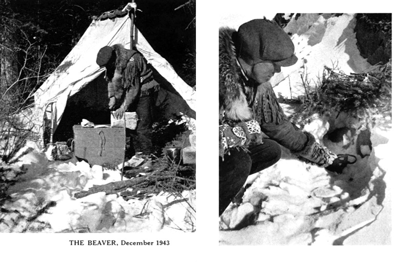 Two photos side-by-side of a man setting up a tent in the snow on the left and the same man setting up an animal trap in the snow on the right.