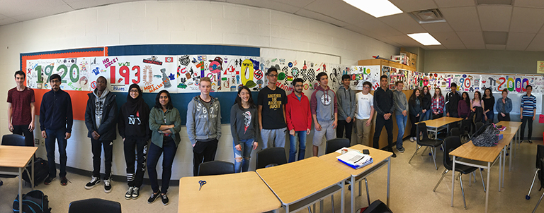 This image shows students standing in front of their timeline of Canada.