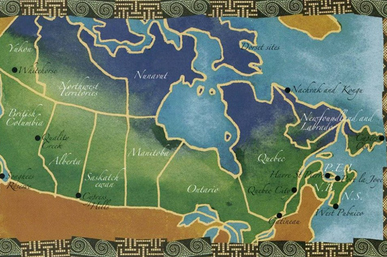 Map of Canada showing the different archaeological sites