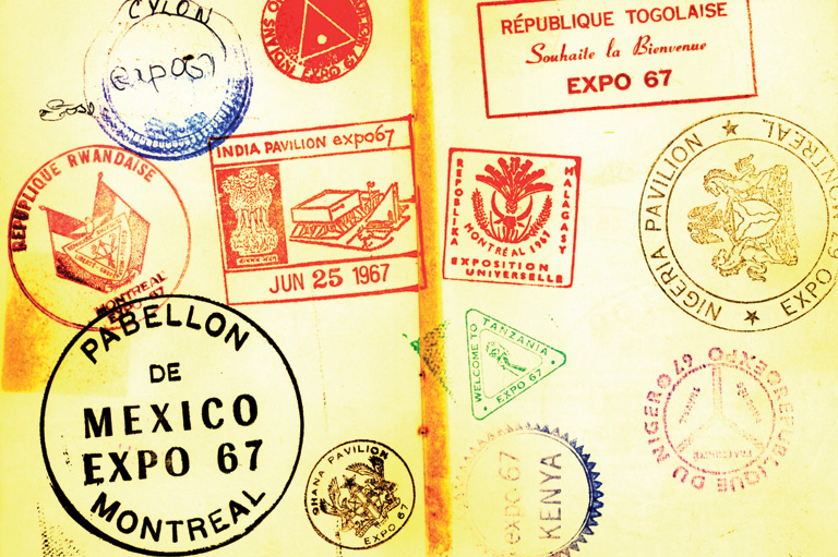 Expo 67 'passport' showing stamps from 'around the world.'