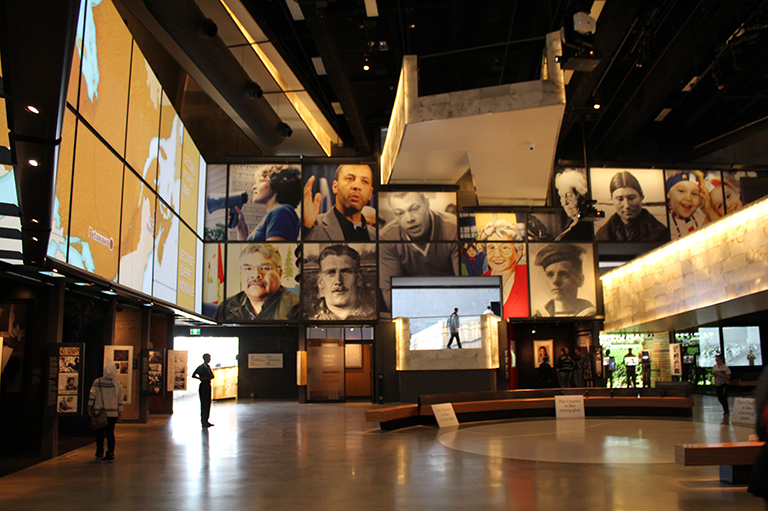 This image shows the Canada's Journey Gallery in the Canadian Museum for Human Rights.