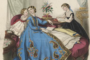Colour painting depicts woman reclining with two well-behaved children at her side.