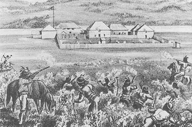A sketch of Indigenous people shooting at a fort from afar. 