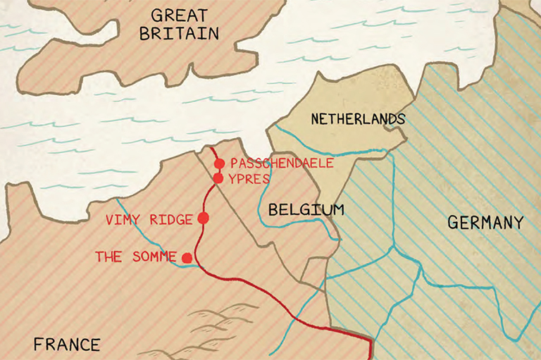 This is an image of a map that highlights the locations of four First World War battles, including Vimy Ridge, The Somme, Passchendaele, and Ypres. 