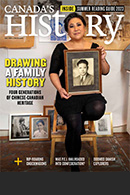 Canada's History subscription cover of the June-July 2023 issue featuring a colour photo portrait of artist JJ Lee holding a framed photo of her grandfather.