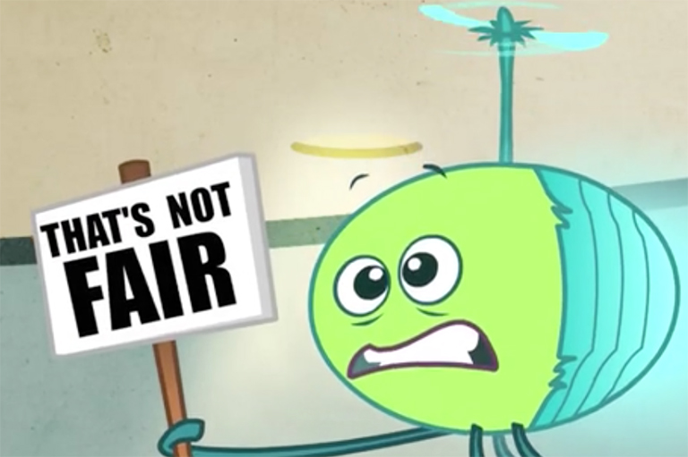 This image shows a bug creature holding a sign that says "That's Not Fair"