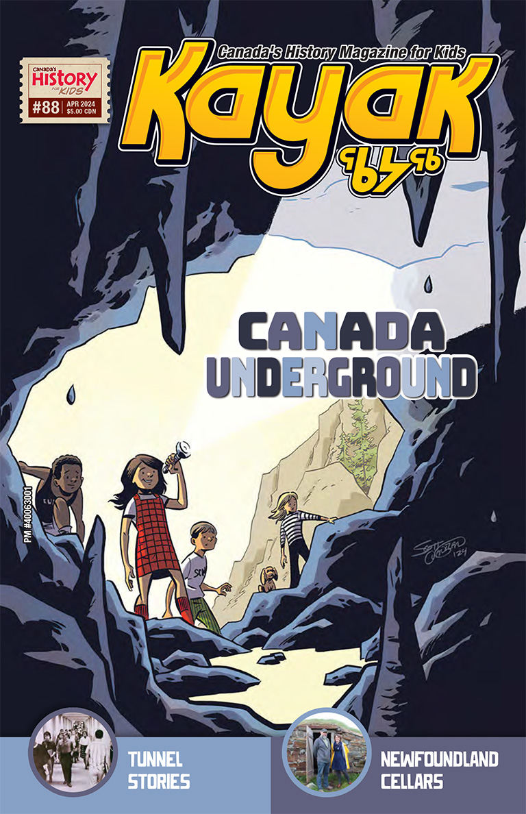 Cover of the April 2024 issue of Kayak. Colour illustrations depicts a group of kids at the entrance of a tunnel.
