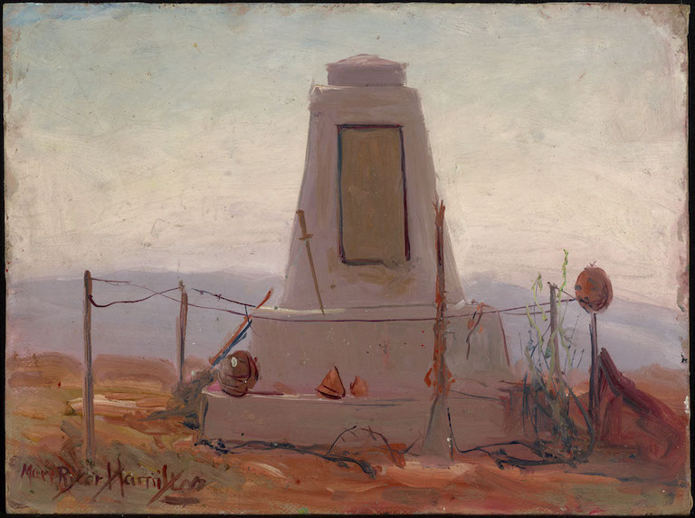 Painting of a square stone monument against a light grey sky. There are ropes around the outside of the moment and helmets, guns, and other weapons resting agains the base.