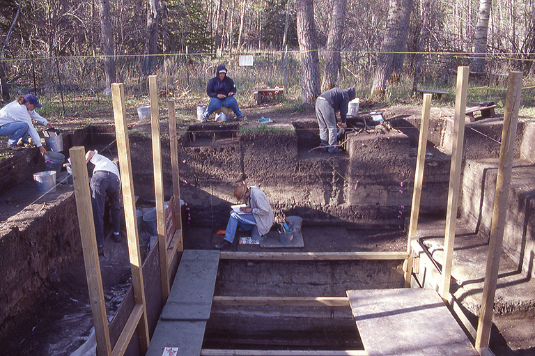 Excavation site with wooden posts holding up ropes