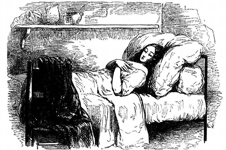 Line drawing of a women asleep on a bed