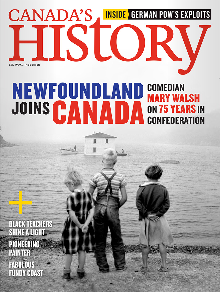 Cover of the February-March 2024 issue of <em>Canada's History</em> featuring a black and white image of Queen Elizabeth II.