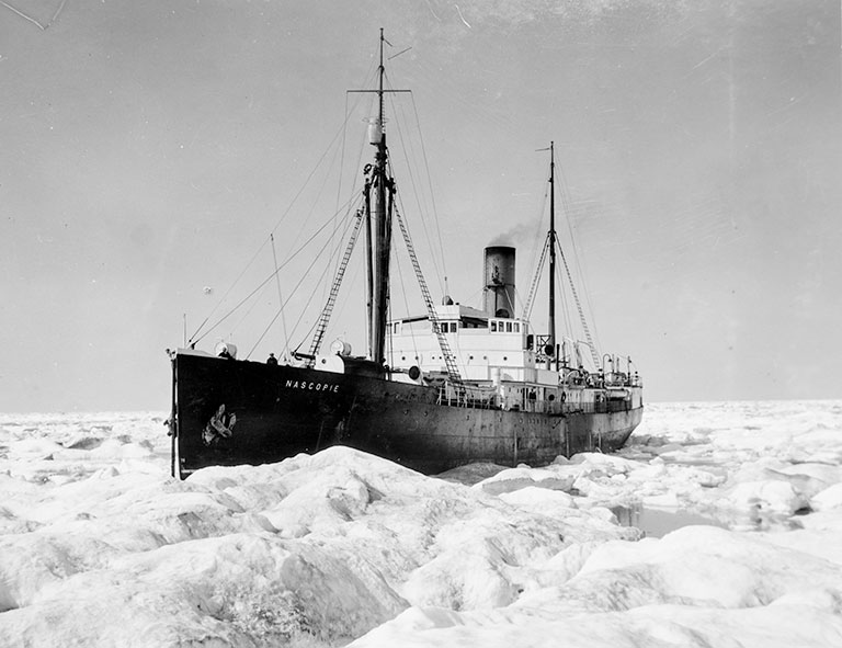 Black and white photo of the RMS Nascopie in icy waters.