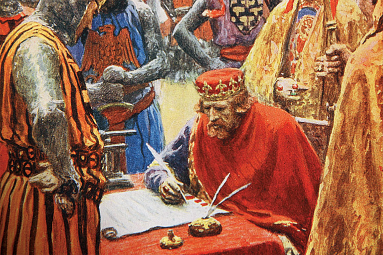 Colour painting depicting King John signing the Magna Carta.