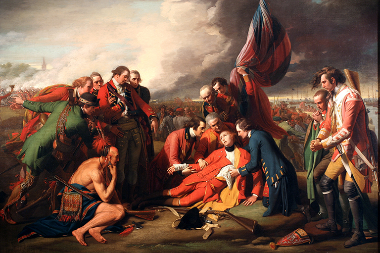 This image shows a painting of The Death of General Wolfe, painted by  Benjamin West in 1770.  