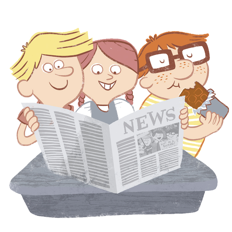 Colour illustration of three kids looking at a newspaper.