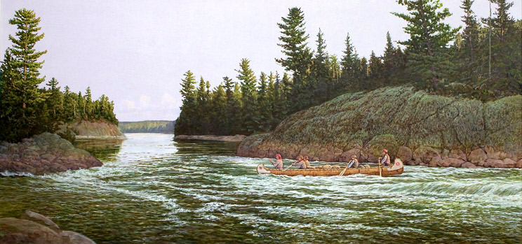 Men in a canoe paddling. 