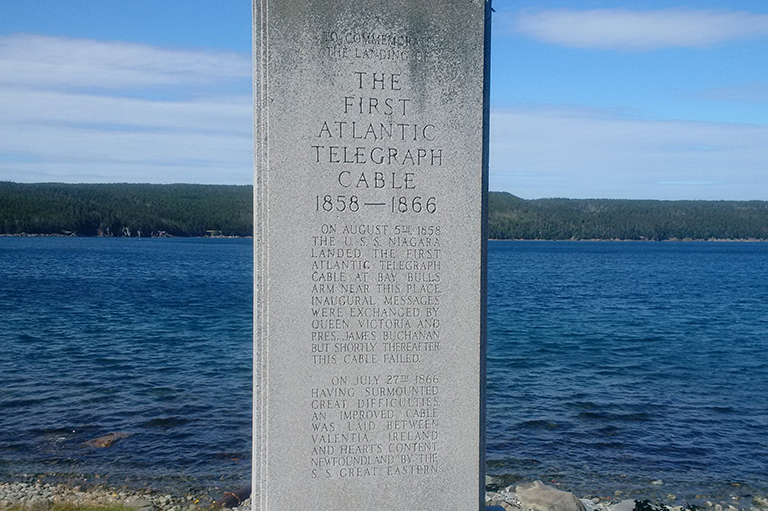 This image shows a close up of the marker on the Newfoundland coast line. 