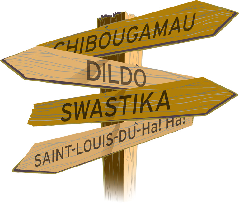 Illustration of a sign post featuring place names such as Dildo, Swastika, Chibougamau and Saint-Louis-du-Ha! Ha!