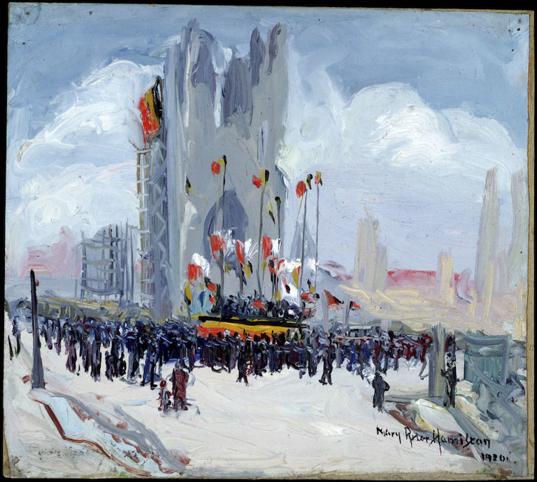 Painting done in an impressionist style showing waving flags and a crowd outside a stone building.