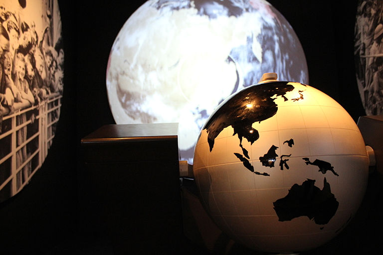 This image shows an interactive globe at the Canadian Museum for Human Rights. 