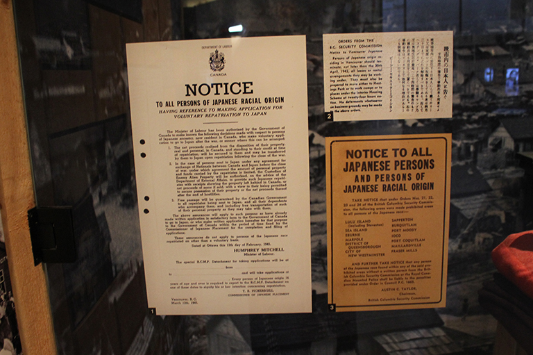 This image shows notices that were left on the doors of Japanese-Canadians during the Second World War. 