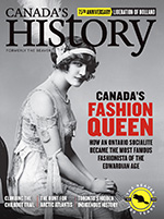 Canada's History cover of the February-March 2020 issue featuring a black and white portrait of a model wearing an Edwardian dress.