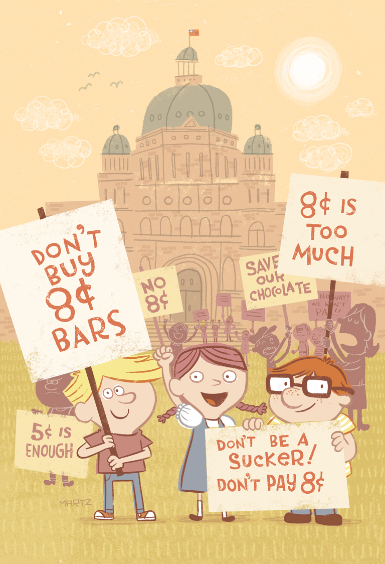 Colour illustration showing kids protesting in front of a legislative building.
