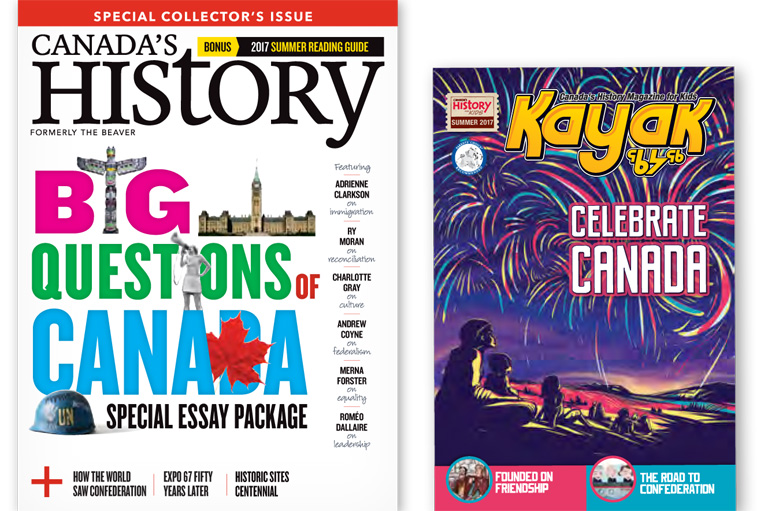 Covers of the June-July issue of Canada's History and the special issue of Kayak for Canada Day.