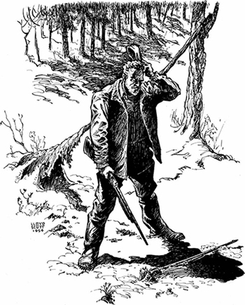Illustration of a man in the woods holding a rifle.