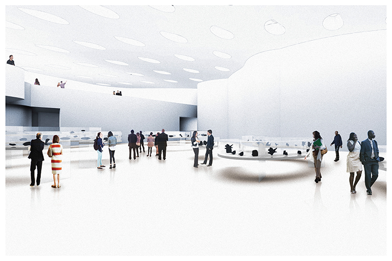 This image shows a digital rendering of Gallery 1 at the Inuit Art Centre. 
