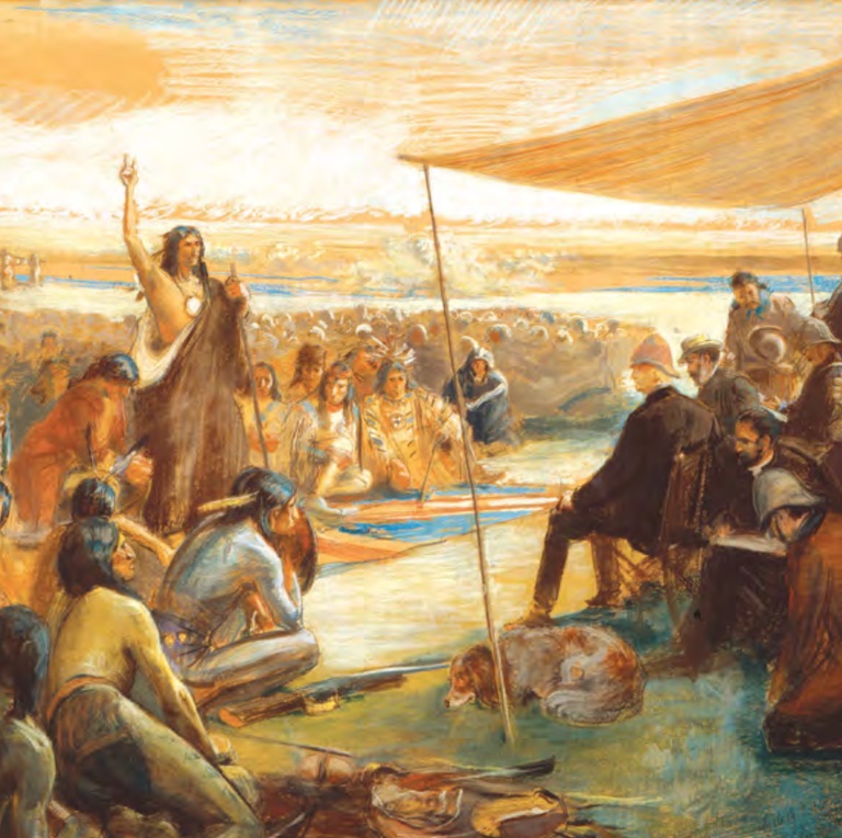 A painting showing Indigenous people riding horses and listening to a speech.