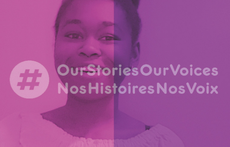 A purple filter is applied over a photo of a young smiling Black girl. The hashtag Our Stories Our Voices/Nos Histoire Nos Voix is overlaid on top of the photo.
