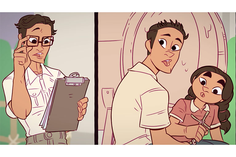 Comic-style illustration with a government official checking his clipboard while a Vietnamese father and daughter look at him hopefully.