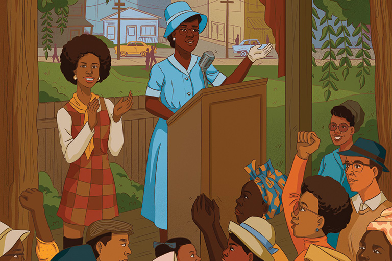 Colour illustration showing two Black women at a podium in front of a crowd.