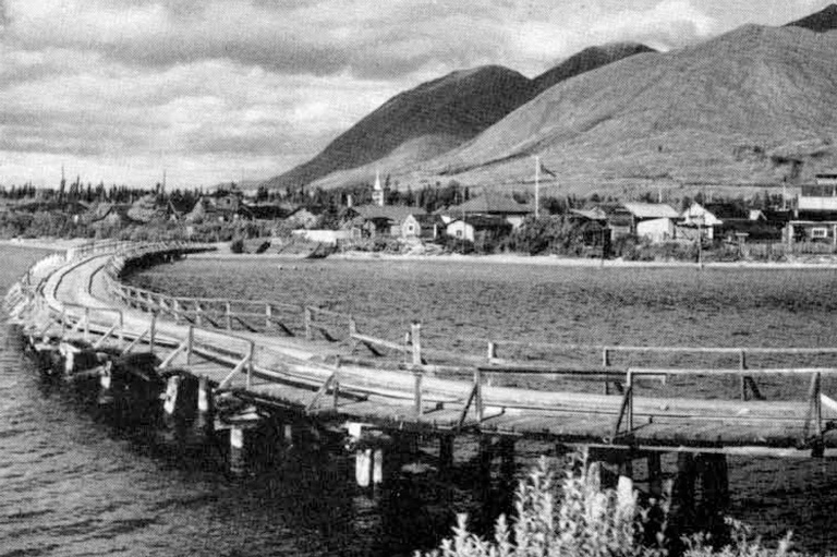 a wooden bridge with land in the background. 