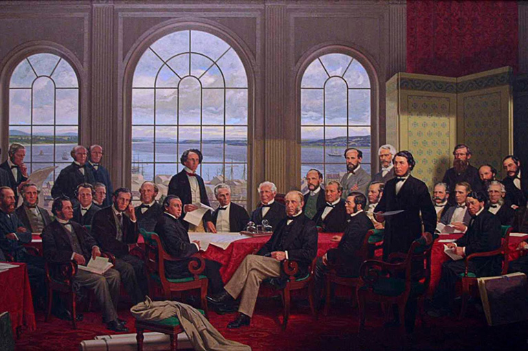 Painting of numerous politicians in a room around a large table. Some are seated and some are standing. There are three large windows at the back of the room behind the figures.