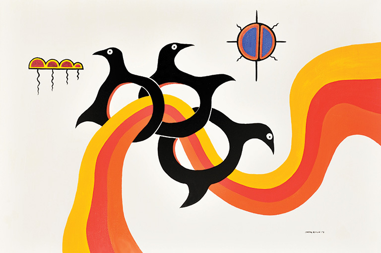 Painting of three birds in an abstract style. The birds are black with large circles at the centre of their bodies. Three colourful lines of yellow, red, and orange pass through the birds.
