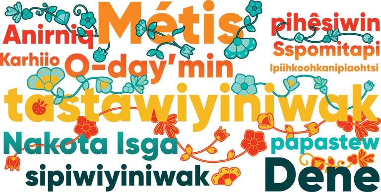 Indigenous words are written in a colourful graphic font. There are vines and plants that weave between the different words.
