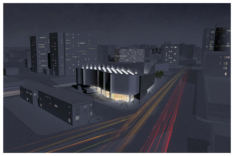 This image shows a digital rendering of the Inuit Art Centre at night. 