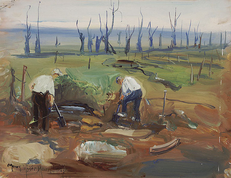 Painting of two men with shovels digging into the ground. There are trees with no leaves in the background.