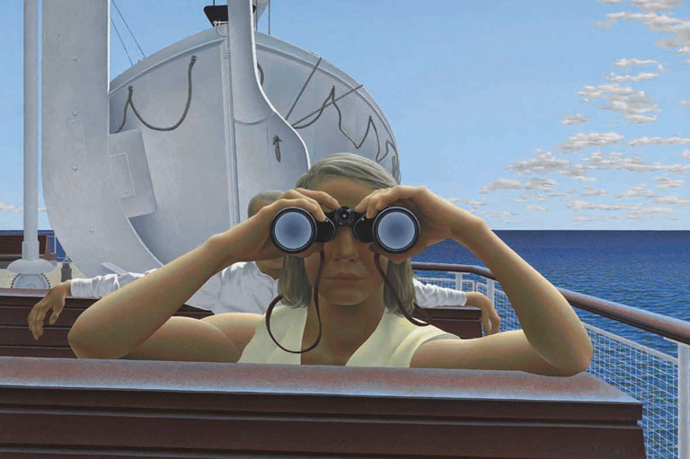 A women sits on a boat looking toward the viewer through a pair of binoculars. 
