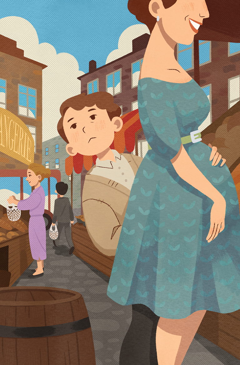 Illustration of pregnant woman wearing a1950s blue patterned dress. Her 12-year-old son looks off behind her.