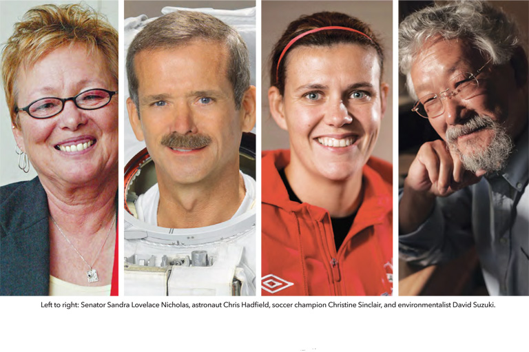 Colour photos of Left to right: Senator Sandra Lovelace Nicholas, astronaut Chris Hadfield, soccer champion Christine Sinclair, and environmentalist David Suzuki.