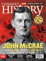 Canada's History cover of the October-November 2022 issue, featuring an illustration of John McCrae in front of a field of poppies.